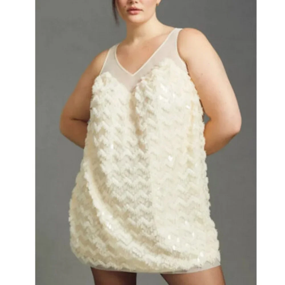 Anthropologie 3X NWT Textured Sequin Mini Dress Paillettes Cream New 230$ - Picture 2 of 9